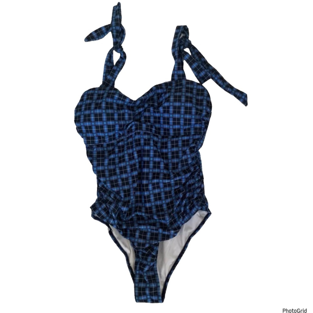Shein 0XL plus size blue plaid gingham one piece swimsuit NWOT